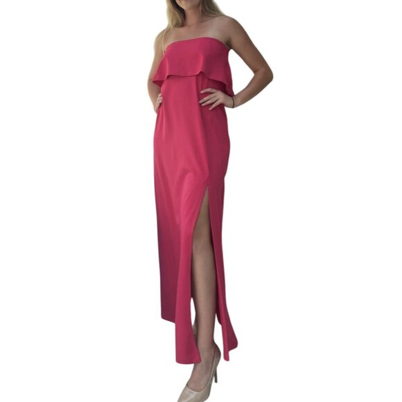 Susan Monaco Hibiscus Red Pink Strapless Ruffle Slit Maxi Dress Small NEW - Picture 2 of 9